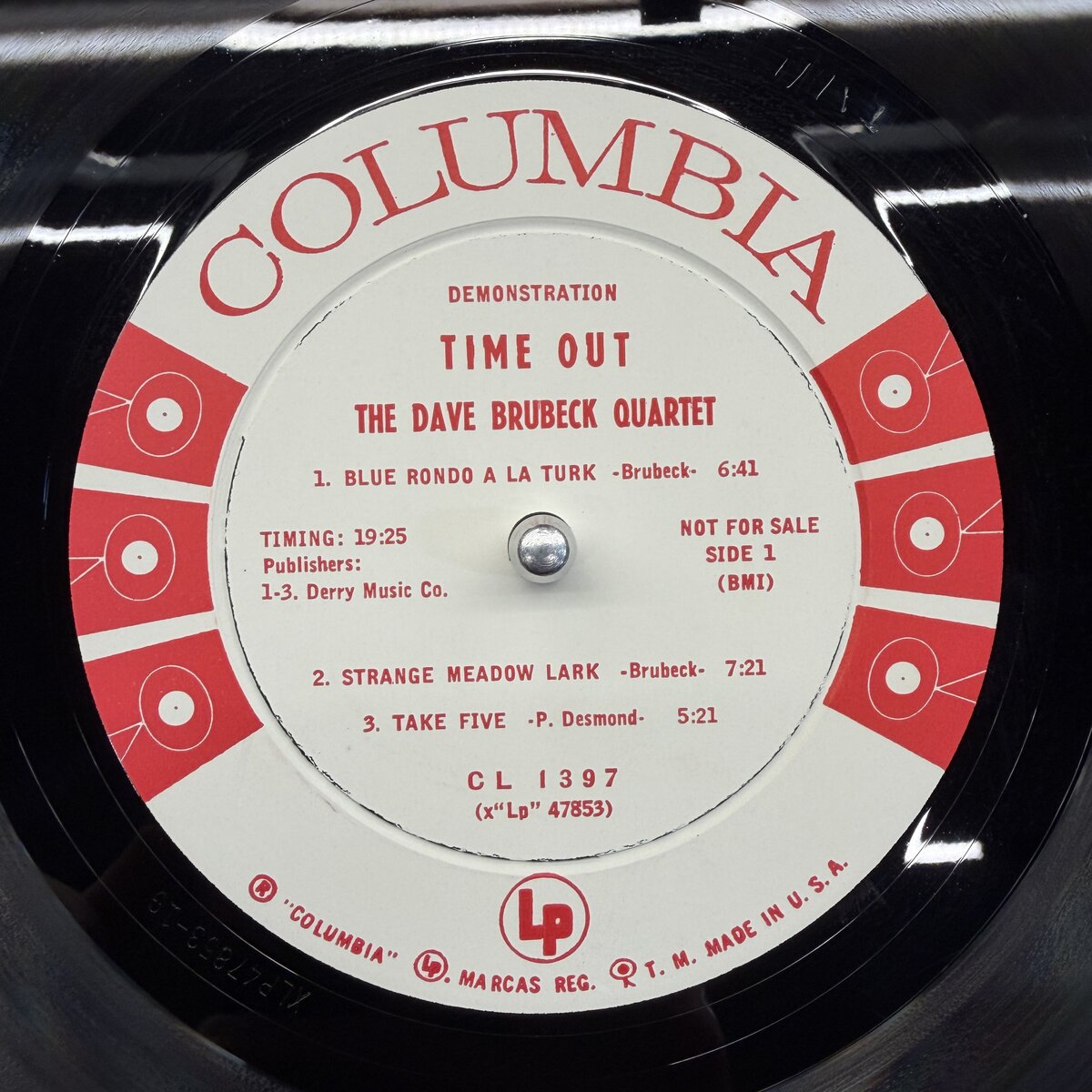Columbia CL 1397 화이트 프로모 라벨 — DEMONSTRATION, NOT FOR SALE, SIDE 1 곡 목록과 (x Lp 47853) 표기