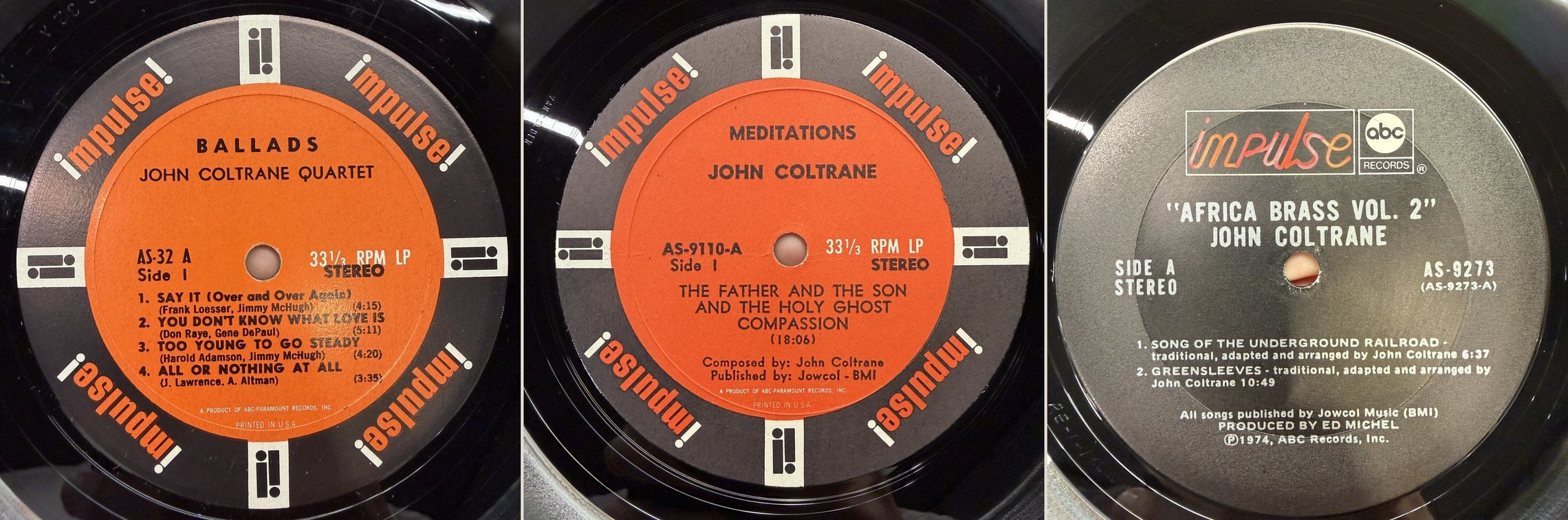 왼쪽부터 Ballads(AS-32) · Meditations(AS-9110) · The Africa Brass Sessions, Vol. 2(AS-9273) 센터 라벨