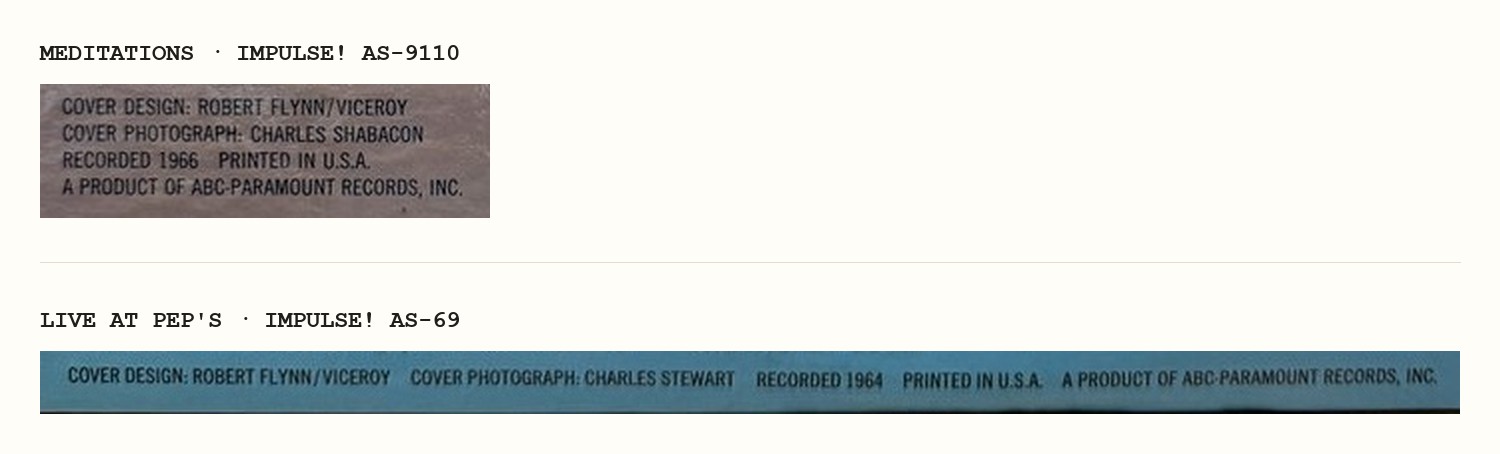 Meditations와 Live at Pep's 자켓 크레딧 대조 — RECORDED 1966과 RECORDED 1964
